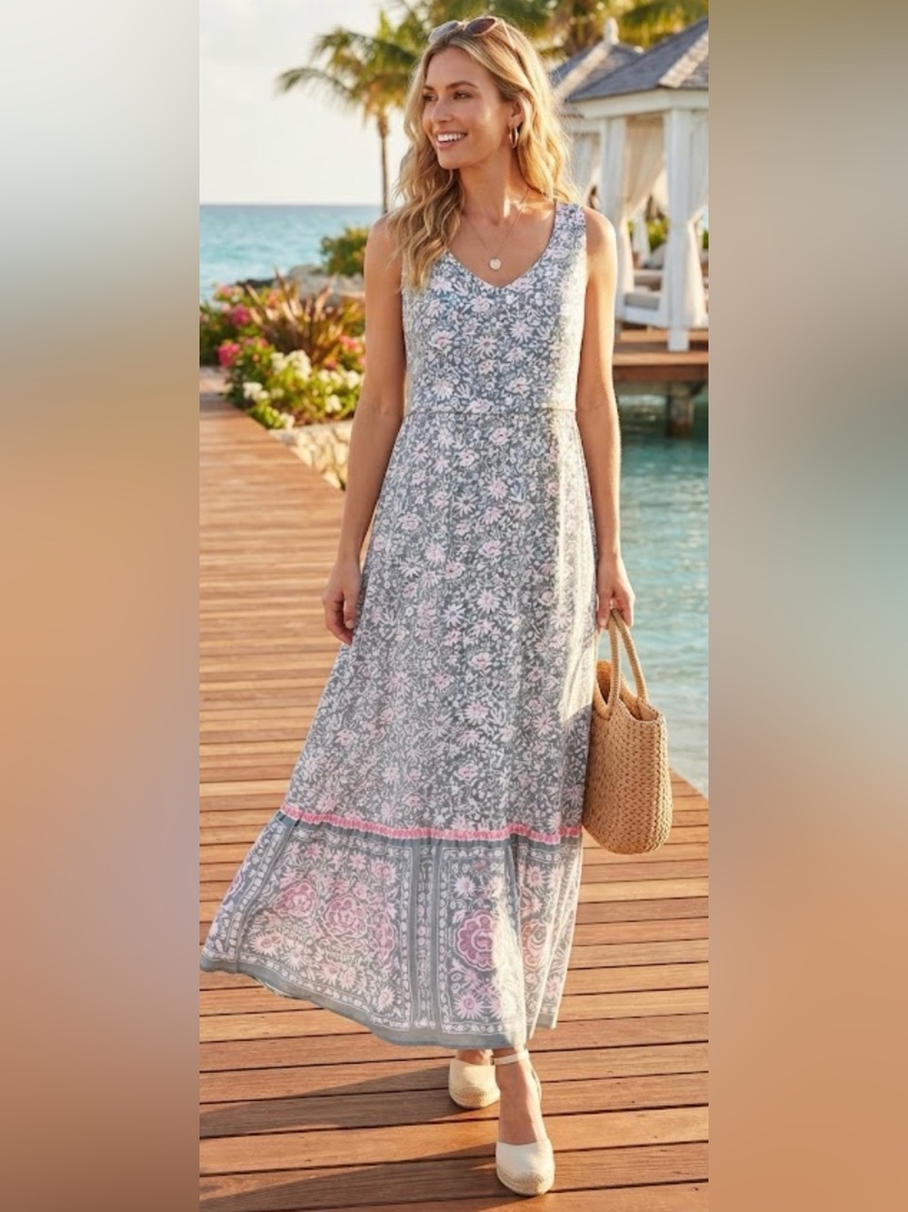 Loft Beach Floral Sleeveless Tiered Maxi Dress Bohemian Large